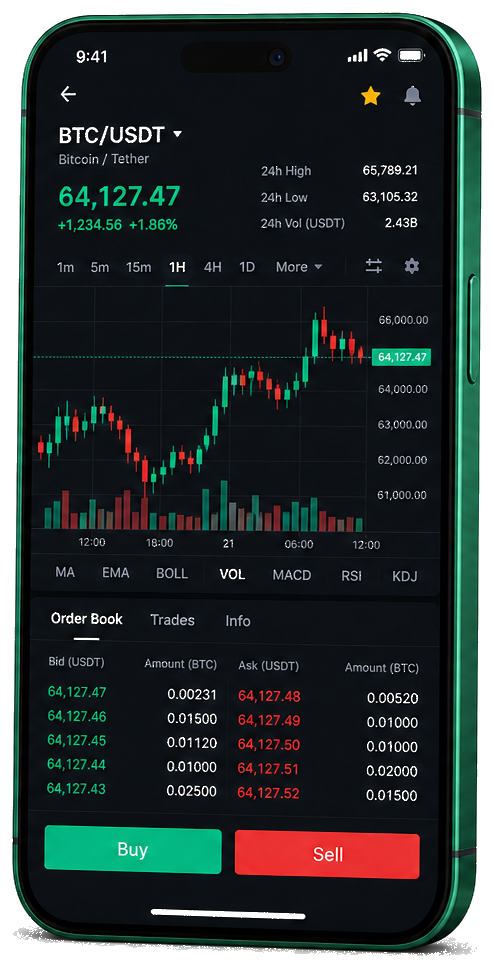 Yieldario AI AI trading platform on mobile — live BTC/USDT chart, order book, and buy/sell interface